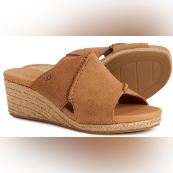 UGG Taia Wedge Slide Sandals - Suede (For Women) Chestnut Sz 8 - Picture 1 of 13
